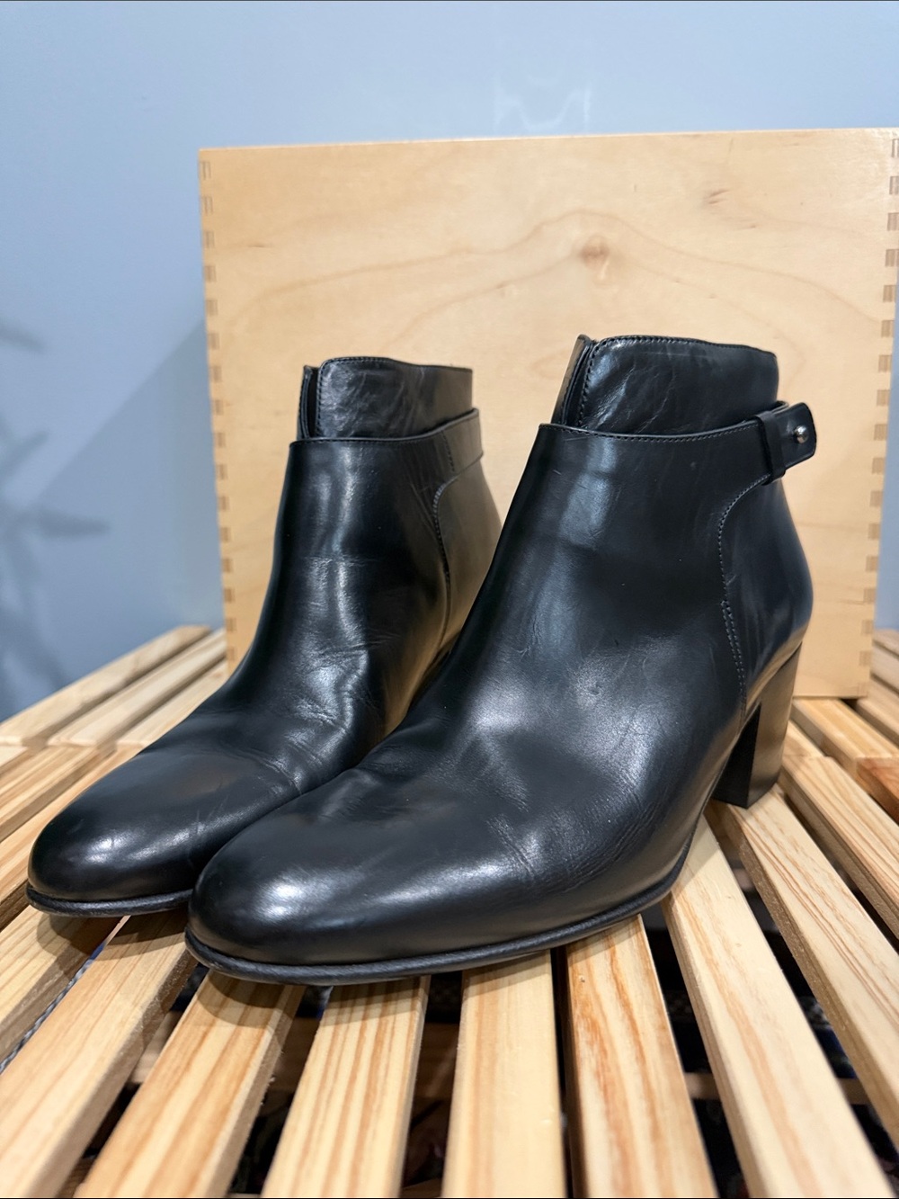 Vince Black Leather Ankle Booties – 2" Block Heel, Size 8.5 M